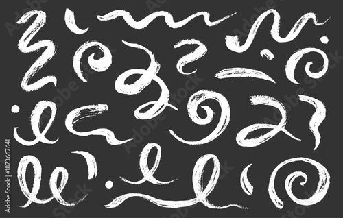 Hand painted brush stroke curves, chinese swirls, line calligraphy element set. Hand drawn chinese brush paint stroke swish, swoosh wave grunge textured doodles on chalkboard. Vector
