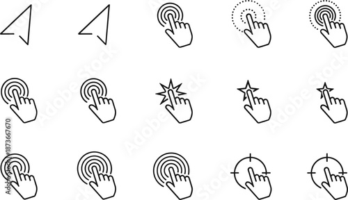 Set of black linear cursor icons and finger touch gestures for mobile interfaces web navigation and digital interactions.