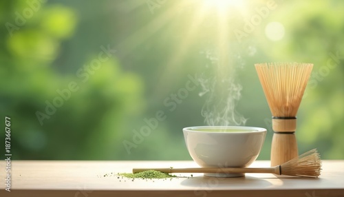 Green matcha tea in bowl with whisk on table. Japanese tea ceremony preparation. Sunlight, light green bokeh. Tea time and relaxation. Healthy lifestyle concept presentation. Calming aesthetic.