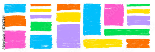 Rectangle, square box frames with colorful brush strokes set. Hand drawn crayon brush strokes square and rectangle doodle frame shapes. Rough grunge texture pastel background. Vector illustration