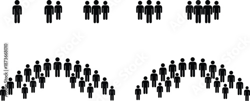 Set of black stick figure icons representing individuals small groups and large crowds arranged in various formations online.