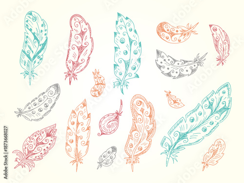 Vintage Feathers. Vector collection of Colorful Tribal Feathers. Hand Drawn Doodles illustration