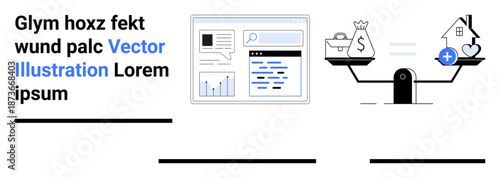 Financial planning, technology integration, data analysis, online resources, healthcare costs, home investment. Scale weighing money bag and home with health symbol. Financial planning and technology