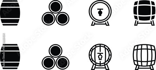 Set of black wooden barrel icons for wine beer and whiskey storage isolated on white background for design.
