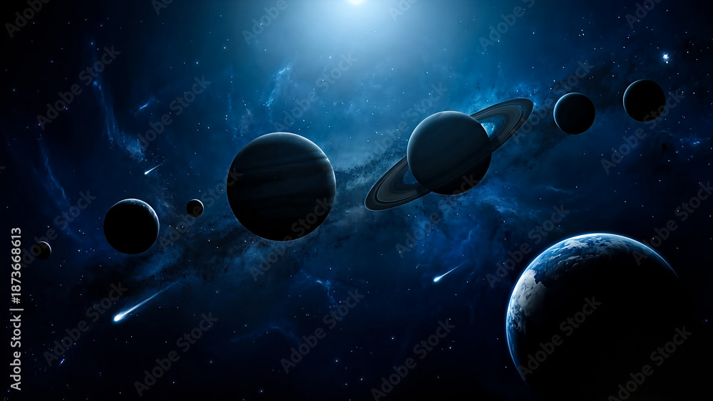 Naklejka premium Celestial bodies in deep blue space with stars and planets galaxy