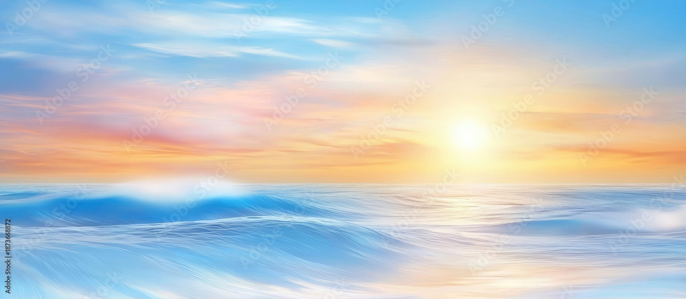 Obraz premium Sunset Over Ocean With Cresting Waves, Warm Orange And Pink Sky Reflecting On The Water And Horizon