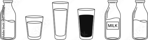 Set of milk bottles and glasses icons in outline style including full and half filled containers for dairy products.