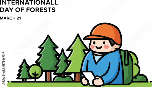 A young hiker studying a map amidst tall trees on International Day of Forests
