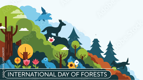 Celebrating International Day of Forests with diverse wildlife and lush vegetation in a vibrant forest ecosystem