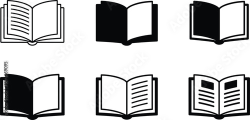Set of open book icons featuring different styles including outline solid and text page layouts for education designs.