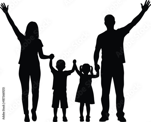 Happy family silhouette standing together holding hands and waving, parents with two children, mother father son and daughter, black vector illustration on white,