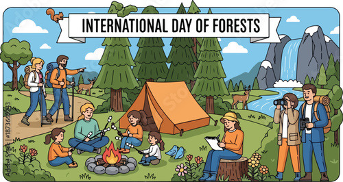 People camping and celebrating International Day of Forests in a scenic forest landscape with tents and campfire