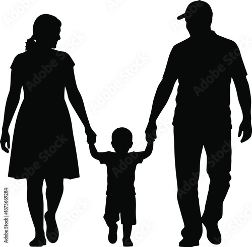 Happy family silhouette walking together holding hands, parents and child vector illustration, isolated black figures on white background, motherhood and fatherhood concept,
