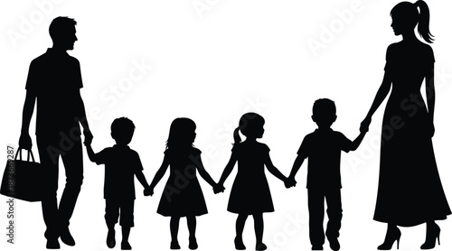 Happy family silhouette with father, mother, and four children holding hands, large family walking together, parents and kids outdoor unity, isolated vector illustration