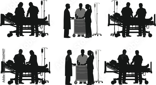 Hospital medical staff silhouettes vector illustration set, doctors and nurses treating patients in emergency room, healthcare teamwork scenes isolated on white background