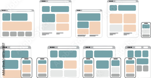 Responsive web design wireframe collection featuring desktop and smartphone interface layouts, modern vector UI UX prototyping set for app development