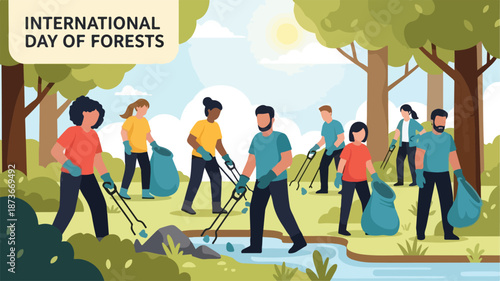 Group of people walking through a forest on International Day of Forests celebration