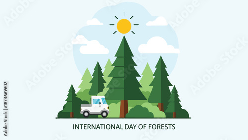 A white truck drives through a forest on International Day of Forests under a sunny sky with trees and clouds