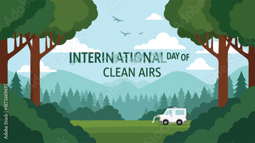 Celebrating International Day of Clean Airs with a serene landscape and a vehicle amidst lush greenery