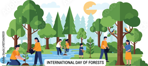 People enjoying a serene forest environment on a sunny day, surrounded by lush green trees and a tranquil atmosphere.