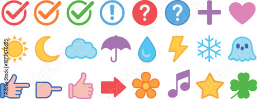 Set of colorful cartoon icons, check marks, weather symbols, hand gestures, shapes, stickers, vector illustration, ok checked good text, isolated white background