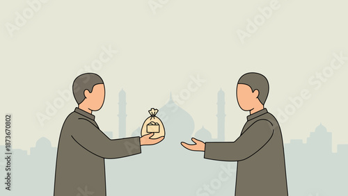 Two men exchange a money bag in front of an Islamic building background representing financial transaction or donation concept