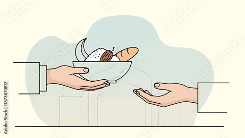 Two Hands Extend Offering Bowl Filled With Groceries To Another Open Hand Symbolizing Generosity And Sharing Of Food Supplies