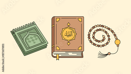 Islamic Sacred Book Prayer Mat Prayer Beads Spiritual Symbols Concept Background Religious Items Collection on Soft Hue