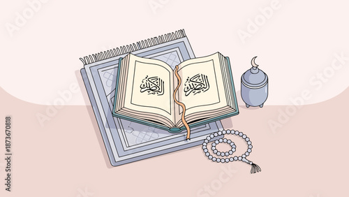 Open Holy Book Prayer Mat Rosary Beads Incense Burner Religious Elements for Spiritual Devotion and Reflection