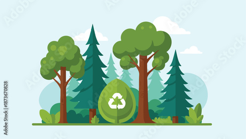 Eco-friendly forest landscape with recycling symbol surrounded by lush green trees and foliage