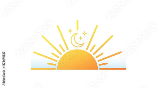 Sunrise with crescent moon and stars shining brightly in the morning sky with warm orange rays