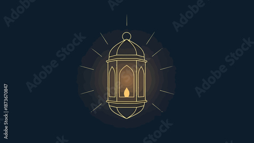Decorative Illuminated Lantern Hanging With Light Rays On Dark Background Simple Geometric Design