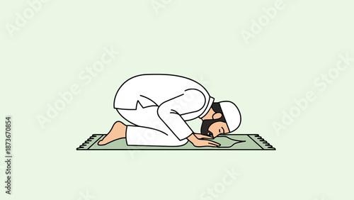 Muslim man performing prayer pose on prayer rug in traditional attire religious devotion spiritual connection faith worship service devotion prayer