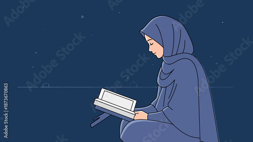 Young Woman Wearing Hijab Reads Holy Book Under Night Sky With Stars Serene Religious Devotion Concept