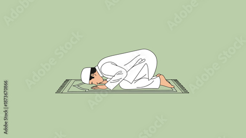 Man in Traditional Attire Kneeling in Prayer on Textured Mat