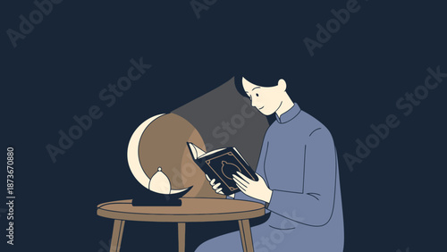 Person reading holy book under dim light with lamp and crescent moon decoration for spiritual reflection and learning