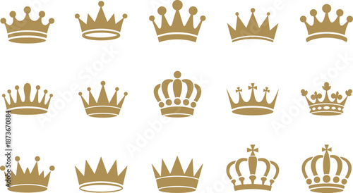 Set of gold crown icons, royal king and queen symbols, luxury heraldic signs, vector illustration collection, isolated white background