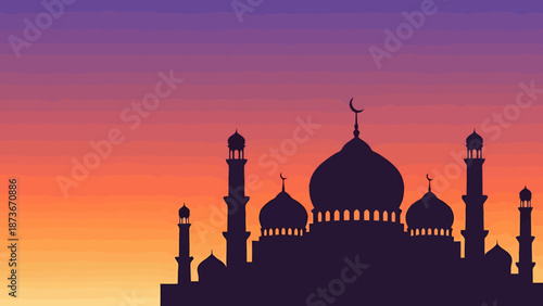 Islamic Mosque Silhouette At Sunset With Colorful Gradient Sky And Crescent Moon Symbol On Dome Ideal For Religious And Cultural Themes