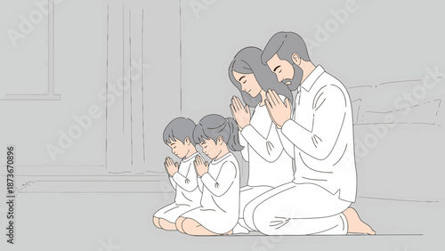 A loving family with two children observes a moment of quiet contemplation and gratitude together on a plain floor with hands clasped in prayer