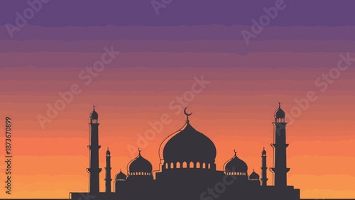 Majestic Mosque Silhouette Against Gradient Sky at Dusk Beautiful Religious Landmark Architecture Scene