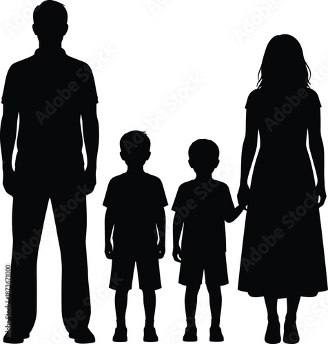 Family silhouette of parents and two children holding hands, showing love, unity, protection, bonding, parenting, togetherness, minimal vector illustration concept
