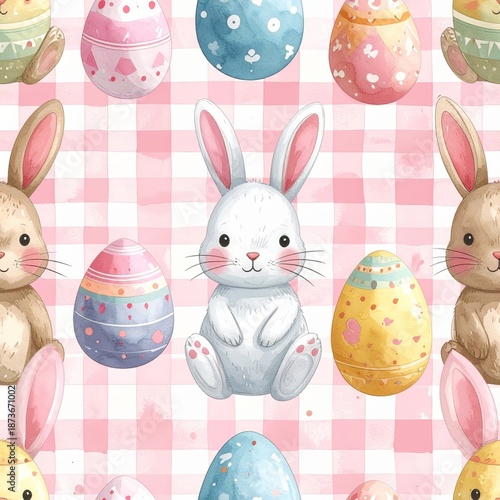 Easter Watercolor Seamless Pattern Rabbit and Decorated Eggs