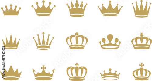 Set of gold crown icons, royal king and queen symbols, luxury heraldic signs, vector illustration collection, isolated white background