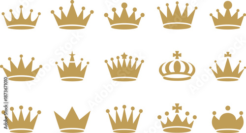 Set of gold crown icons, royal king and queen symbols, simple flat vector illustration, isolated white background, luxury heraldic signs