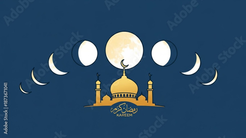 Ramadan kareem illustration with mosque and lunar cycle phases on dark blue background