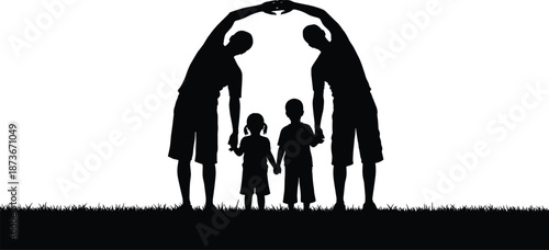 Family silhouette parents forming heart shape over children, symbol of love, protection, unity, care, safety, parenting, trust, and togetherness concept