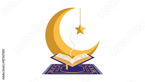 Golden crescent moon and star above an open book on a prayer mat