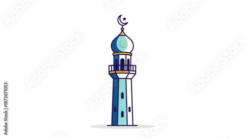 A serene illustration of a mosque minaret with a crescent moon and star on top in shades