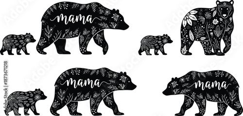 Floral mama bear and cub silhouettes set showing wildlife motherhood, family bond, nature love, decorative animal art, forest parenting, vector illustration