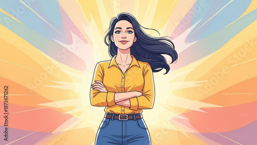 A confident woman with long dark hair wearing a yellow shirt and blue jeans stands with arms